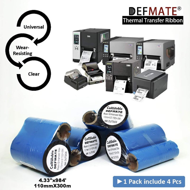 DEFMATE 4 لفات 4.33" x 984' شريط نقل حراري - شريط طباعة شمع معزز بالراتنج الممتاز 1 بوصة نواة حبر خارج لطابعات Zebra ZT410, ZT420, ZM400, Sato, Datamax, Citizen, Tsc, Tec - Image 2